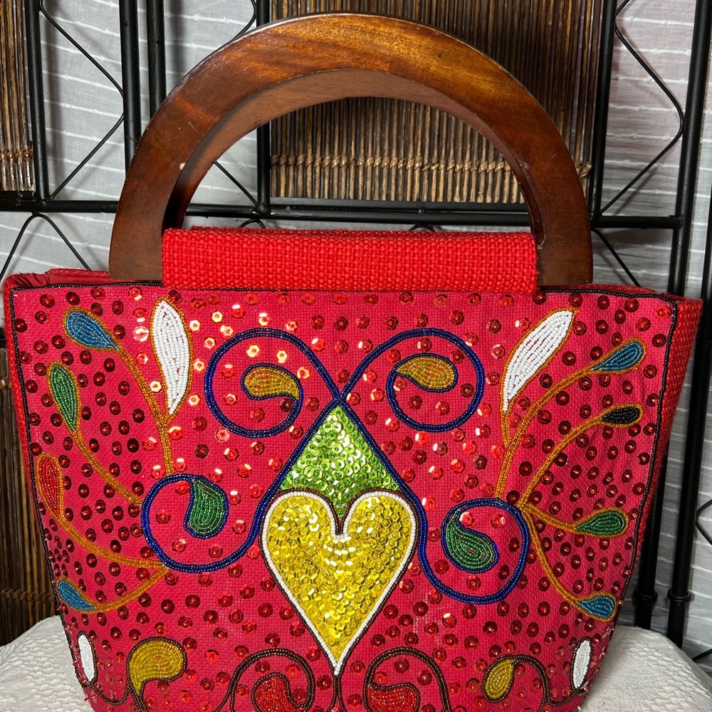 Vintage Embroidered Red Handbag with Wooden Handles